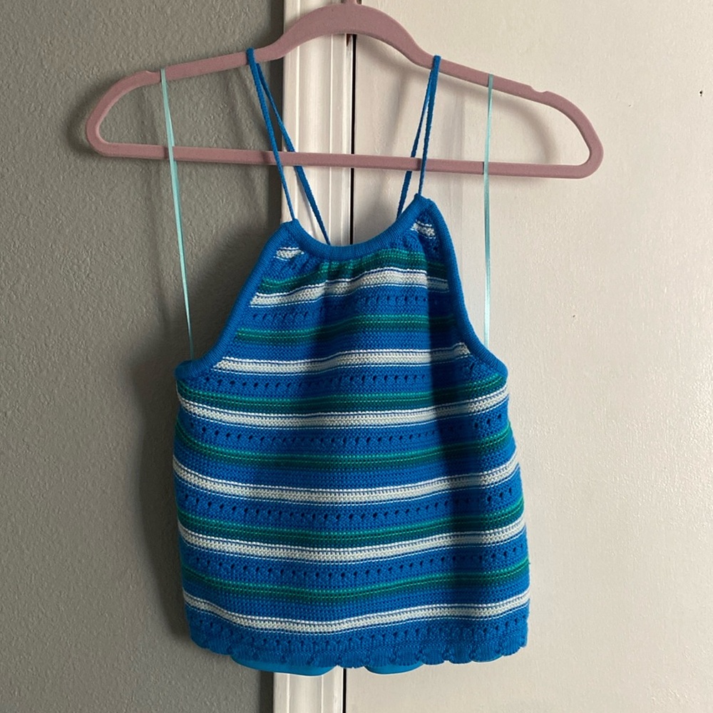 525 pointelle stripe cami knit blue Halter Top